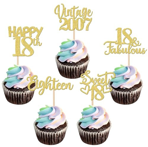 30 Stück Vintage 2007 Cupcake Toppers Glitzer Happy 18th Geburtstag Tortendeko Cheers to 18 Fabulous Eighteen Kuchen Deko für 18th Geburtstag Hochzeit Jahrestag Party Gold
