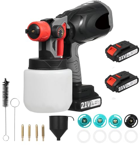 Pistola per Verniciare a Batteria, 21V 800W Verniciatore a Spruzzo a Batteria con 2 batterie da 2000 mAh, 5 ugelli, 3 modelli di spruzzo, 800 ml, alta potenza, per dipingere pareti