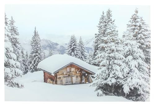 FRANK FLECHTWAREN, LED-Bild Winter, Leinen, Holz, Kunststoff, warmweiße LED, batteriebetrieben, An-/Aus-Schalter Maße: 58 x 36 cm, ohne Batterien, Winterlandschaft, Stimmungsbeleuchtung