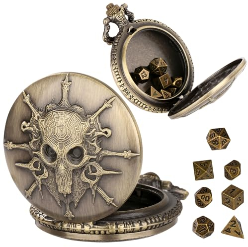 Mini Jeu de Dés DND, Steampunk Démoniste Coquille de Montre de Poche, 7 Dés Polyédriques D&D en Métal, Cadeaux DND avec Boîte Cadeau, Accessoires de Jeux de Société pour Jeux de Rôle, Bronze