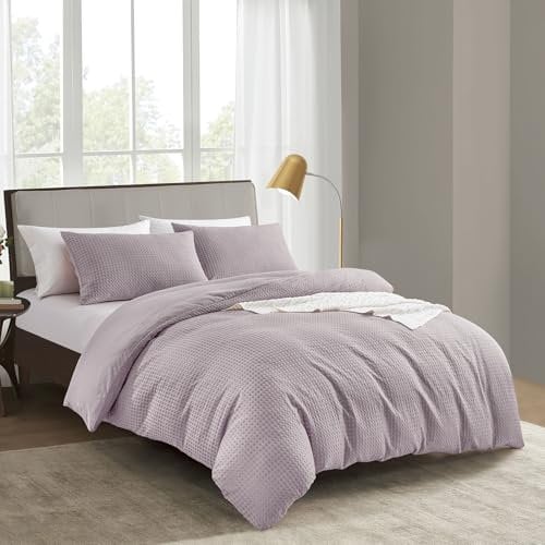 KASYLAN Breathable Duvet Cover Set with Zipper Closure - Waffle Dobby Weave Texture Duvet Sets, Modern Boho Duvet Cover & Pillow case, All Season Microfiber Bedding Quilt Cover Set (Double, Purple)