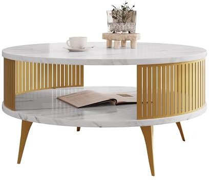 Mirjan24 Couchtisch Rajkon, runde Form (Bianco Marmor, Gold) | Moderner Wohnzimmertisch mit praktischer Ablage, stabilem Stahlgestell und pflegeleichter Oberfläche