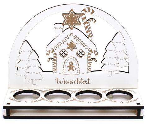 Dekolando Schwibbogen Weihnachten mit Motiv Lebkuchenhaus Tannen - personalisiert mit Wunschtext - für 4 Teelichter - Advent Lichterbogen Weihnachtsdeko - 20 x 15 x 7 cm
