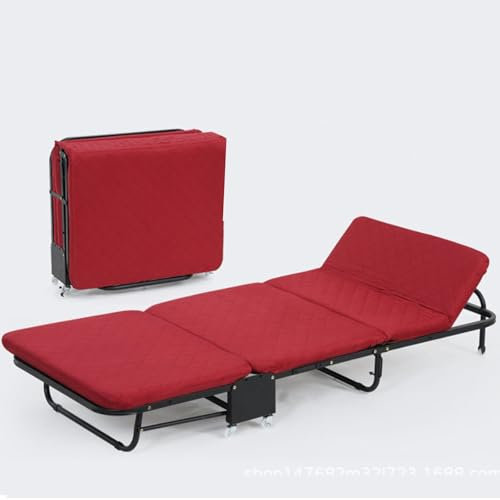 Zusammenklappbares Metallbett mit Matratze, modernes minimalistisches Design, 5 Geschwindigkeiten, verstellbar, ideal für Erwachsene im Wohnzimmer oder Büro, Rot, 180 x 26 x 65 cm