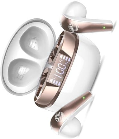 Cuffie Bluetooth, 2024 Mini Auricolari Bluetooth 5.3 con Bassi Immersive, Cuffie Wireless In Ear con 4 HD Mic, IP7 Impermeabili Cuffiette Bluetooth, 40H Cuffie Senza Fili con Display LED, Bianco