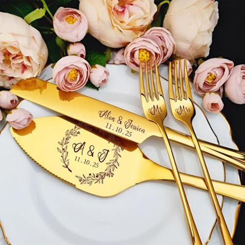 Juego de cortadores personalizados para tartas de boda, dorado/plateado/negro, grabado personalizado, minimalista, vintage, rústico, simple, moderno, servidor, servidor, regalo de boda, servidores de