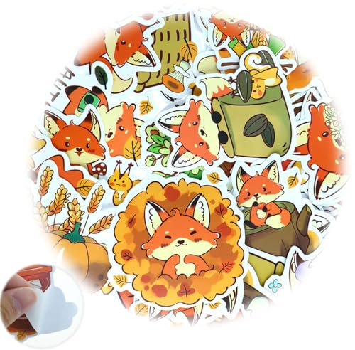 50 Stücke Tiere Aufkleber Kinder, Niedliche Fox Tiere Sticker,Wasserfeste Fuchs Aufklebers, Wiederverwendbar Fox Aufkleber Scrapbook für Laptop Karten Gepäck,Geschenke Fuchs für Kinder