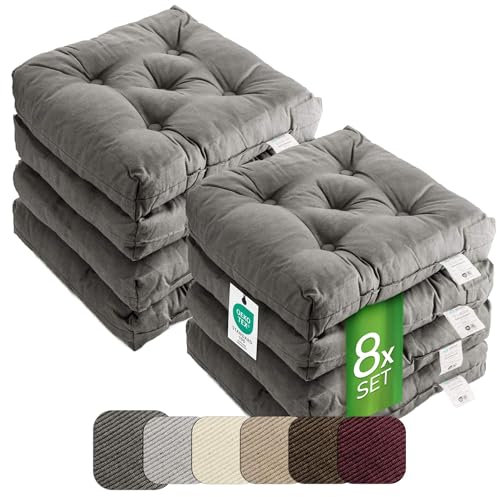 etérea Sitzkissen 42x42 cm 8er Set - Anthrazit 8 cm hoch - Bodenkissen für Indoor, Outdoor, Küche, Garten, Auflage - Heidi Stuhlauflage - 8 Stück Stuhlkissen 40x40 cm Anthrazit
