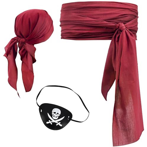 DigiTizerArt Halloween Pirate Costume Women Men 3 Pcs Pirate Head Scarf Bandana Belt Waist Sash Eye Patch Medieval Renaissance Viking Accessories (Red)