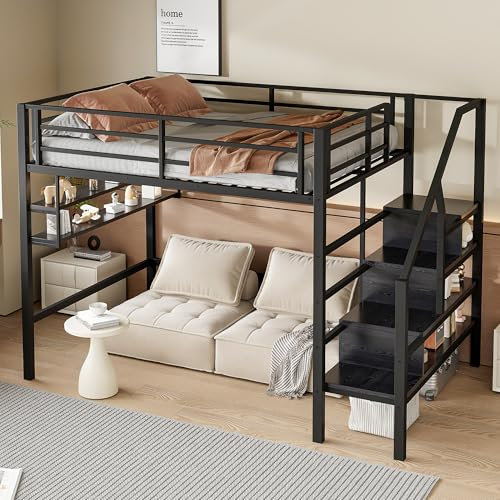 MOBETTRES Hochbett, 140 * 200cm, Einlegeböden, Stauraumleiter, Freiraum unter dem Bett zum Verkleiden, Geländer, ohne Matratze (Schwarz)