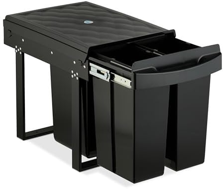 Relaxdays Einbaumülleimer, 3 Fächer, 20l, 2X 10l, HBT: 41,3 x 34 x 51,8 cm, ausziehbar, Müllsystem Unterschrank, schwarz
