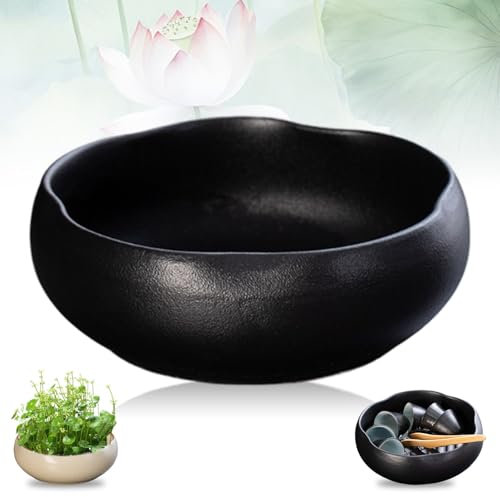 Lotus Bowl Planter, Retro Ceramic Lotus Flower Bowls, Round Ceramic Plant Pots, Planter for Planting in Water Indoors, Applicable to Succulent Plants Hydroponic Plant (Black B)