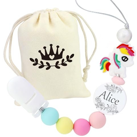 Personalisierter Schnuller mit Namen | Personalisierter Schnullerclip | Geschenk für Neugeborene und Jungen | Glitzer Schnullerzubehör mit Namen (0-6 Monate) (Einhorn)