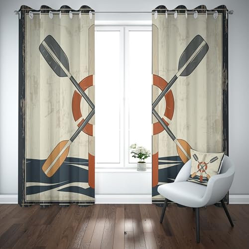 Kioldoq Rettungsring Vintage Vorhang Blickdicht, Verdunklungsvorhänge Welle Nautisch Gardinen mit Ose 2er Set 245x140 cm Meer Wohnzimmer, Thermovorhang Kälteschutz Schlafzimmer