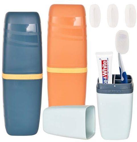 3 Stück Reise-Zahnbürstenbecher, 3-in-1-Tragbare Zahnbürste Reiseetui, Kunststoff Zahnbürstenetui Reiseset mit 3 Zahnbürsten Schutzhülle für Camping, Schule, Reisen (Orange + Blau + Grau)
