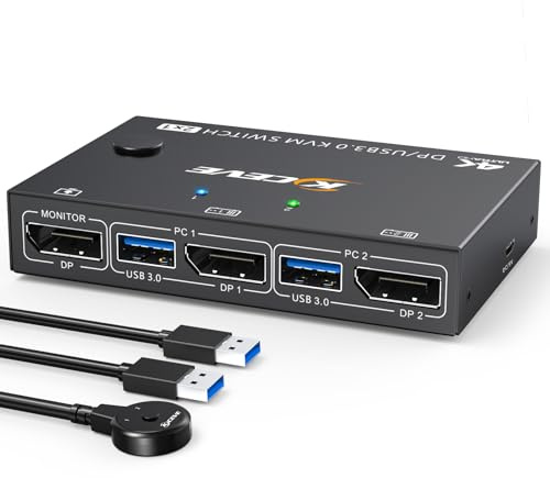 USB3.0 KVM Switch Displayport, ESKEVE 8K@30Hz 4K@144Hz KVM Switch 1 Monitor 2 Computers with 4 USB3.0 Devices. USB Cable and Wired Remote Controller Included