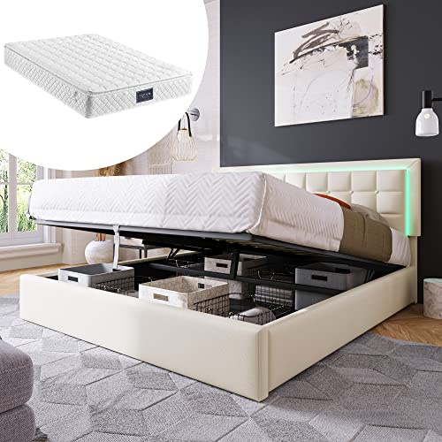 RIAZOS LED Bett 160x200 cm, Polsterbett mit Stauraum, Stauraumbett mit Hydraulisch, Doppelbett Bettgestell mit Lattenrost & Bettkasten & Kopfteil, PU-Oberfläche, mit Matratze, Weiß