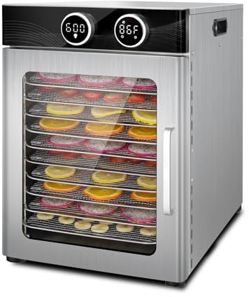 Deshidratador de alimentos con 10 bandejas de acero inoxidable, con perilla electrónica, temperatura ajustable y temporizador digital de 0 a 24 horas, deshidratadores de 800 W, bajo ruido, para