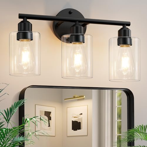 Percantis 3-Light Bathroom Light Fixtures, 17.3 Black Modern Vanity Light for Bathroom Mirror, Glass Shade, Kitchen, Living Room, Bath, Metal
