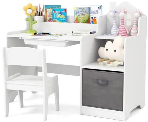 DREAMADE Schreibtisch Kinder mit Stuhl, Kinderschreibtisch mit 2 offenen Fächern & 2 offenen Regale & Schubladen, Schülerschreibtisch für Kinder ab 3 Jahren (Weiß)