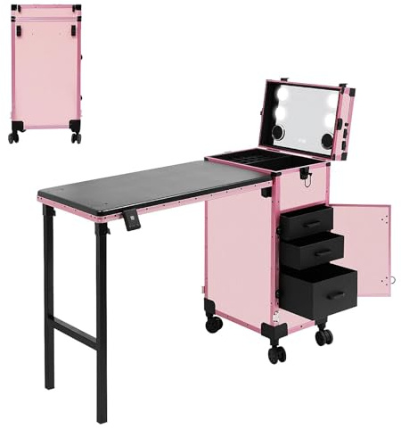 HUOMMGS Professioneller Kosmetikkoffer Trolley 2 In 1 Schminkkoffer mit Tisch Bis 50KG Maniküre Tisch mit 3 Schubladen, LED Spiegel, 4 Rollen Multifunction Kosmetik Koffer Friseurkoffer (Rosa)