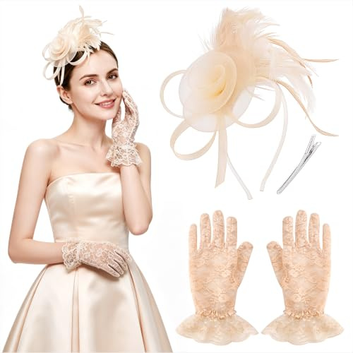 Qzakce Fascinator Hut für Damen, Blume Mesh Federn Clip Kopfschmuck, Stirnband Clip mit Mesh Federn, Fascinator Haarclip Hut und Spitze Gloves Set für Tea Party Cocktail Hochzeiten Geburtstag
