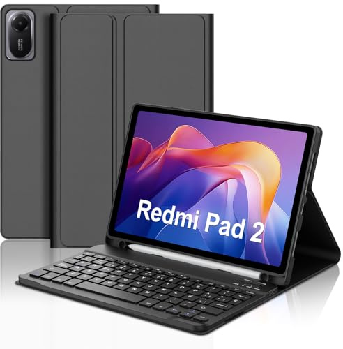 JADEMALL Funda con Teclado para Redmi Pad 2 11 Pulgadas, Español Ñ Teclado Bluetooth Inalámbrico Desmontable con Funda Delgada y Portalápices para Tableta Xiaomi Redmi Pad 2 11 2025-Negro