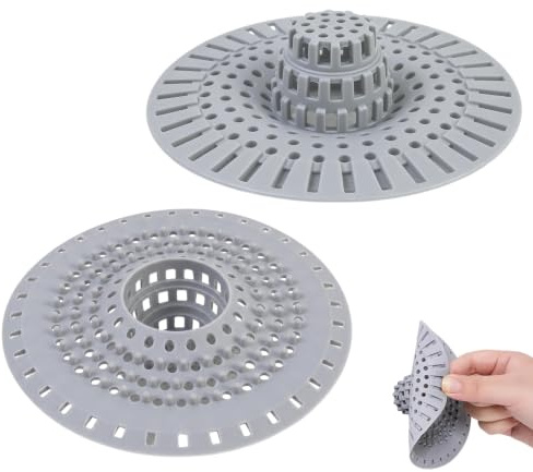 2 Pack Silicone Shower Drain Hair Catcher, Grey Sink Strainer Protector Cover, Anti-Clogging Bath Plug Hole Filter for Bathroom Bathtub and Kitchen Accessories