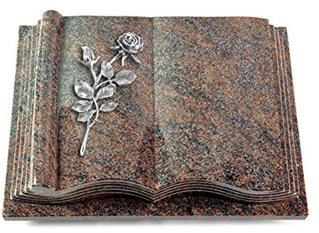 MEMORUM Grabmale Grabbuch, Grabplatte, Grabstein, Grabkissen, Urnengrabstein, Liegegrabstein Modell Antique 40 x 30 x 8-9 cm Paradiso-Granit, poliert inkl. Gravur (Aluminium-Ornament Rose 13)