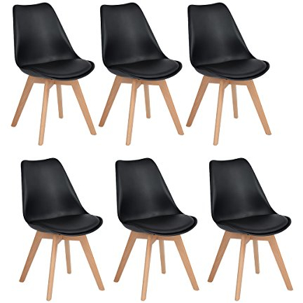H.J WeDoo 6 x Wohnzimmerstuhl Esszimmerstuhl Bürostuhl mit Massivholz Buche Bein,Retro Design Gepolsterter lStuhl Küchenstuhl Holz, Schwarz