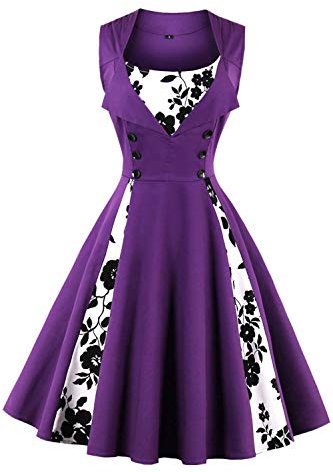 AXOE Robe Femme Vintage Années 50 en Coton Extensible Robe de Cocktail Chic et Élégante Mariage, Soirée, Guinguetteà Fleurs Violet, Taill 38, S
