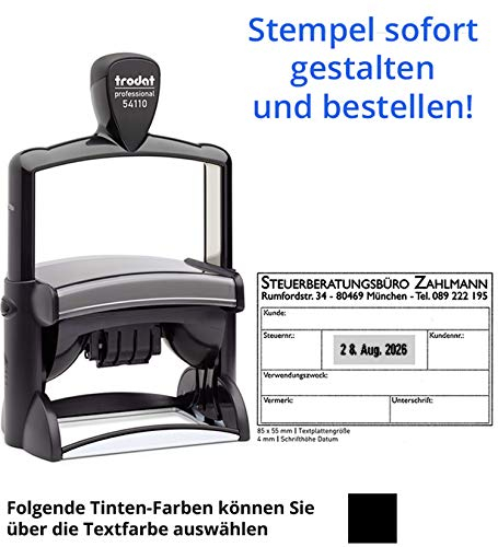 Trodat Professional Text- & Datumsstempel 54110-85 x 55 mm - 12-zeiliger Stempel mit Datum ACHTUNG Deutsche Wochentage, in verschiedenen Farben, gleich Online gestalten!!! (schwarz)
