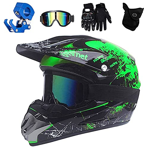 VOMI Enduro Crosshelm Grün, All Terrain Motocross Downhill Helm Zubehör mit Brille Maske Handschuhe Helmhaken Full Face MTB Herren Helm für Mountainbike Moped Bergbuggy Sport Sicherheit,XL(58~59CM)