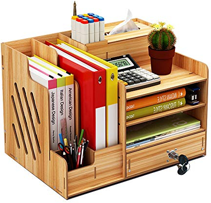 Wooden Desk Organizer, Large Capacity DIY Office Supplies Storage Holder File Rack Paper Document Magazine Holder Sorter with Drawer, Pen Holder Box (Cherry Wood)