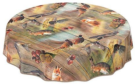 ANRO Wachstuch Tischdecke abwaschbar Wachstuchtischdecke Wachstischdecke Jagt Wild Jäger Motiv Holz Rund 140cm mit Saum - Eingefasst