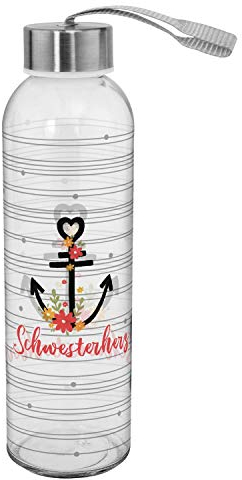 GRUSS & CO Trinkflasche mit Motiv Schwester | Glasflasche, 50 cl, Trageschlaufe und Schraubverschluss | Geschenk | 46493