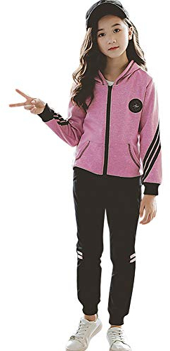 YFPICO Mädchen Trainingsanzug Sportanzug Jogginganzug 3 Teilig Einfarbig Freizeitanzug Kapuzenpullover Sport Jogging Anzug Reißverschluss, Rose Red(2 Stücke), 122/128