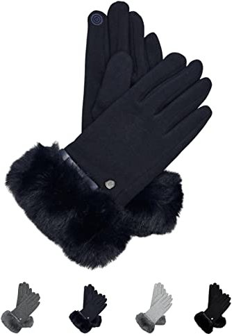 AKAROA ESTD 2019 Damen Handschuhe Liz, Touchscreen Handschuhe, extra weiches Teddyfutter, elastisches Jerseymaterial, Kunstfellstulpe, 100% vegan, marineblau, M/L