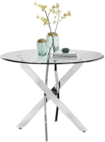 GOLDFAN Ronde Table de Salle à Manger en Verre Trempé Moderne,Une Petite Table à Manger de Cuisine 80cm Argent Table pour 4 Personnes Salon Bureau,Argenté