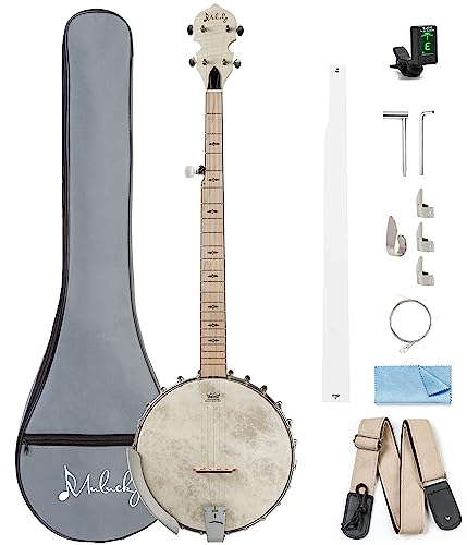 Banjo a 5 corde, Mulucky Full Size con 24 staffe, banjo aperto sul retro, banjo in acero con testa Remo, accordatore 5° Geared, confezione regalo con kit per principianti - MB1101