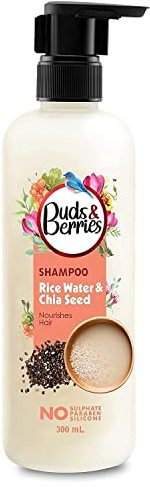 Buds & Berries Reiswasser & Chiasamen Nährendes Shampoo für kräftiges & gesundes Haar, ohne Sulfat, ohne Parabene, ohne Silikone (weiß) 300 ml