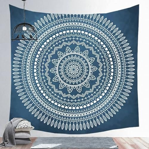 EHOMERY Dekotücher Wandbehang Wandtuch Ethno Blau Boho-Mandala Wandteppich Quadratisch Wanddekoration Retro Wandschmuck Groß Schlafzimmer Wohnzimmer 130X150Cm