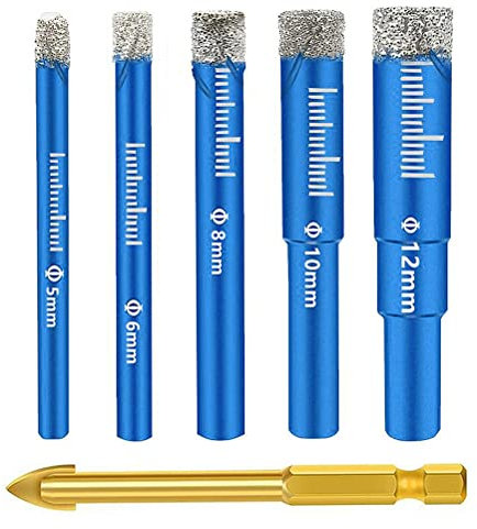 Forets Mèches Diamant, TMBMLPP 6pcs Foret Diamant Foret Carrelage Verre Ceramique Meche Carrelage Ceramique pour Céramique, Granit, Verre, Porcelaine, Carrelage - 5,6,8,10,12 mm
