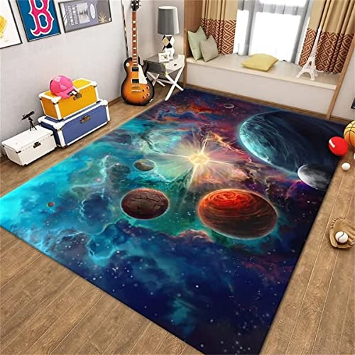 Weltraumteppich für Jungenzimmer, 90 x 152 cm, Universum, Weltraumteppich, für Kinderzimmer, Raumteppich, Sonnensystem, Galaxie, Planet, bedruckt, Überwurf, Teppiche für Kinderzimmer