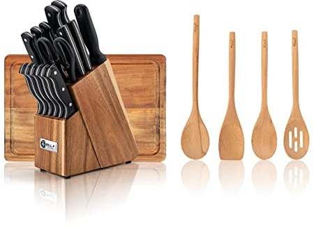 Bill.F Messerset mit Block, Holz Küche Set für Küche mit Block Edelstahl Messer 16 Pcs, 4pcs Holz Kochutensilien Löffel Set, 1pc Schneidebrett mit Nut, Chef Küche Gadgets Utensil Set
