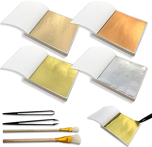 Blattgold, 200 Blattgold Zum Basteln, Goldfolienpapier, Goldfolie Zum Basteln, Blattmetall Gold,EnthäLt 2 Pinsel +2 Pinzette, FüR Kunst,Vergoldung Handwerk,Dekoration,MöBel,NäGel,Wand,Diy(8 X 8cm)