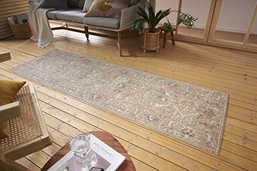 Nouristan Port Said In- & Outdoor Teppich Orientalisch – Flachgewebe Orient Muster Vintage Used Look Waschbar Wetterfest & UV-beständig für Balkon, Terrasse, Garten, Wohnzimmer – Creme Rot, 75x200cm