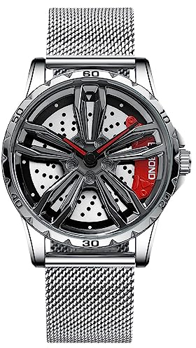 RORIOS Herrenuhr Auto Rad Felgennabe Analoge Quarz Armbanduhr - Mode Sport Uhr 3ATM Wasserdicht Männer Skelett Mit Mesh Armband