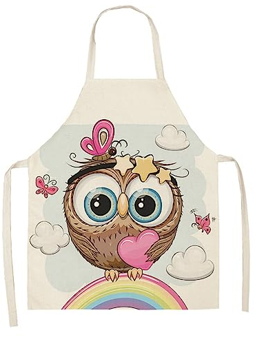 Kittelschürze Mädchen Eule Regenbogen Kittelschürze Damen Baumwolle und Hanf Kochschürze Einstellbar Schürze Mann Langlebig Küchenschürze Damen Kinderschürze Atmungsaktiv Küchenschürze 55x68cm