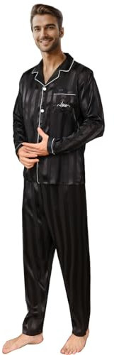 RuanMM - Ensemble de pyjama en satin pour homme, haut à manches longues et pantalon long, ensemble de pyjama soyeux, Rayures noires 2, XXL